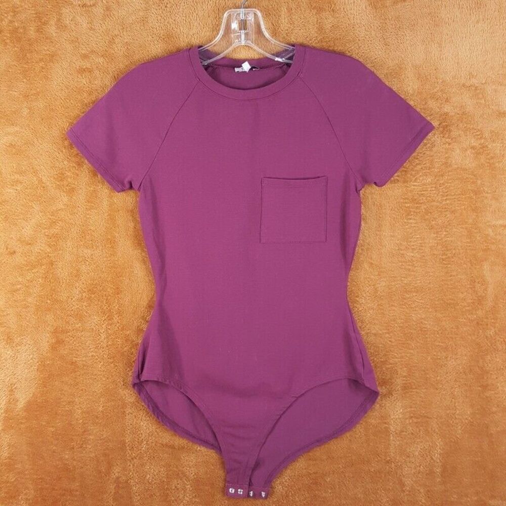 TOBI Womens Top Small Purple Pullover Crew Bodysuit Pocket Snap Fitted